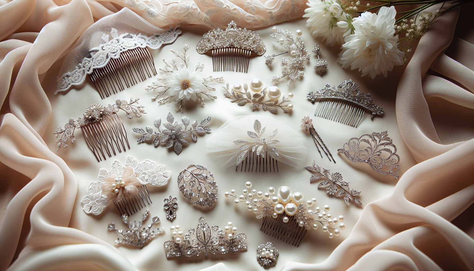 Bridal hair accessories including veil and flowers